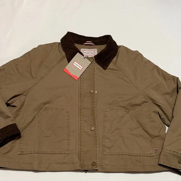 Hunter Insulated Tan Barn Crop Jacket with Dark Brown Corduroy Collar M NWT - Picture 5 of 16